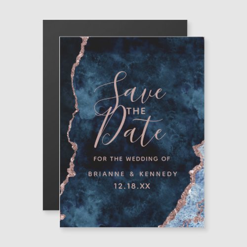 Navy Blue Rose Gold Agate Marble Save the Date Magnetic Invitation