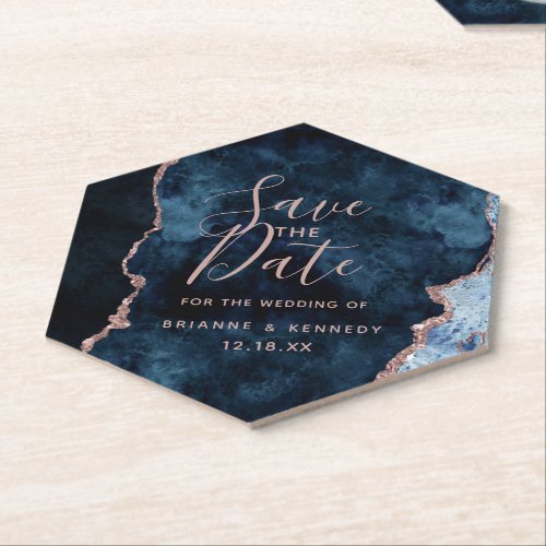 Navy Blue Rose Gold Agate Marble Save the Date Paper Coaster