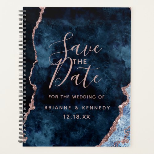 Navy Blue Rose Gold Agate Marble Save the Date Planner