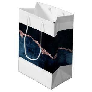 Navy Blue Rose Gold Agate Marble Watercolor Medium Gift Bag