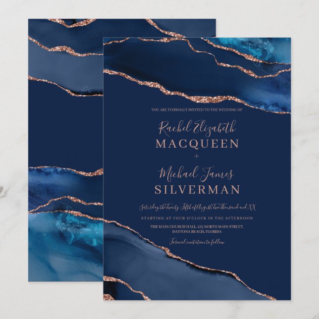 Navy Blue Rose Gold Agate Marble Wedding Invitatio Invitation (Front/Back)
