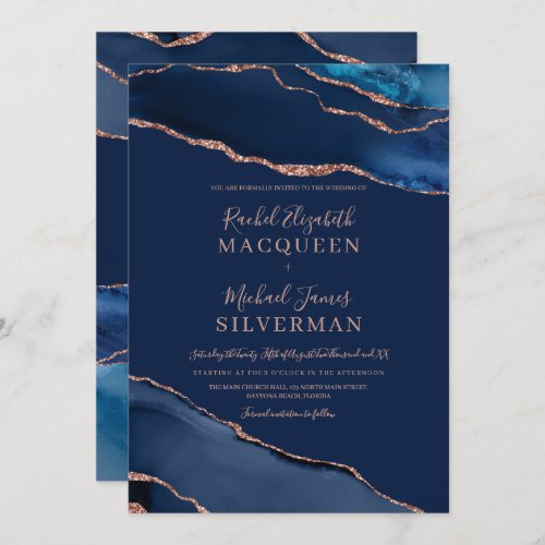 Navy Blue Rose Gold Agate Marble Wedding Invitatio Invitation
