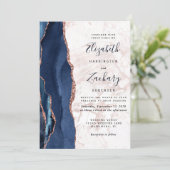 Navy Blue Rose Gold Agate Marble Wedding Invitation | Zazzle