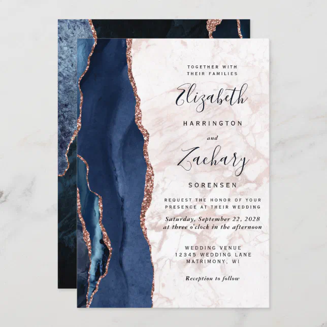 Navy Blue Rose Gold Agate Marble Wedding Invitation 