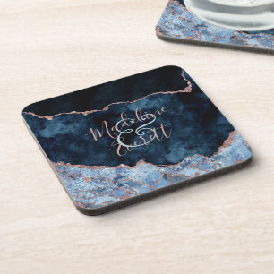 Navy Blue Rose Gold Agate Marble Wedding Monogram Beverage Coaster