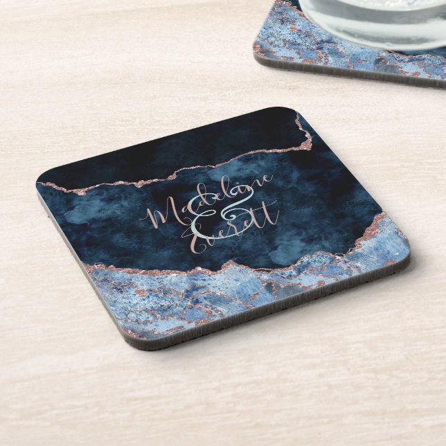 Navy Blue Rose Gold Agate Marble Wedding Monogram Beverage Coaster (Left Side)