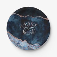 Navy Blue Rose Gold Agate Marble Wedding Monogram