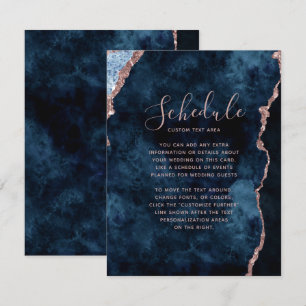 Navy Blue Rose Gold Agate Marble Wedding Schedule Invitation