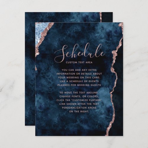 Navy Blue Rose Gold Agate Marble Wedding Schedule Invitation