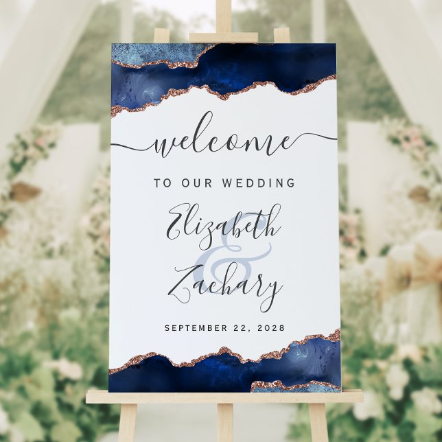 Navy Blue Rose Gold Agate Marble Wedding Welcome Foam Board (Creator Uploaded)