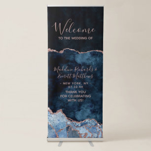 Navy Blue Rose Gold Agate Marble Wedding Welcome Retractable Banner