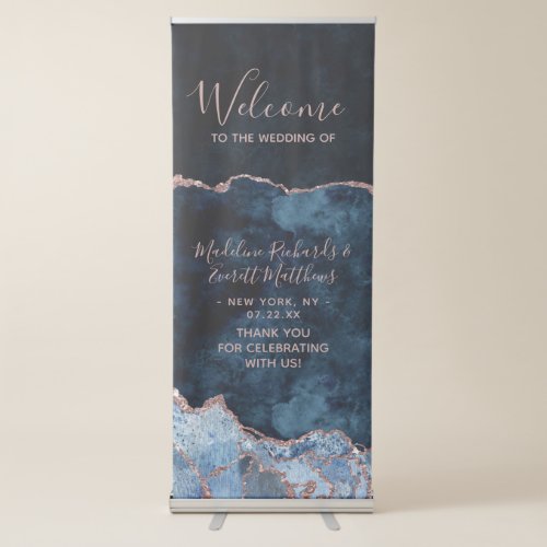 Navy Blue Rose Gold Agate Marble Wedding Welcome Retractable Banner