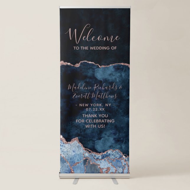Navy Blue Rose Gold Agate Marble Wedding Welcome Retractable Banner (Front)