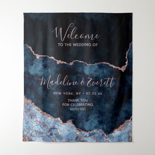 Navy Blue Rose Gold Agate Marble Wedding Welcome Tapestry