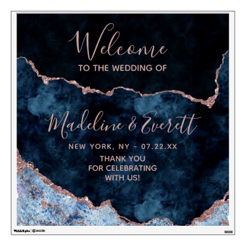 Navy Blue Rose Gold Agate Marble Wedding Welcome Wall Decal