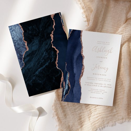 Navy Blue Rose Gold Agate Modern Wedding Foil Invitation