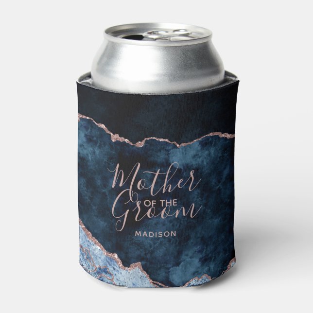 Navy Blue & Rose Gold Agate Mother of the Groom Can Cooler (Can Front)