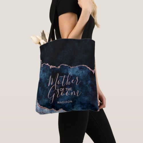 Navy Blue  Rose Gold Agate Mother of the Groom Tote Bag