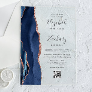 Navy Blue Rose Gold Agate QR Code Wedding Acrylic Invitations