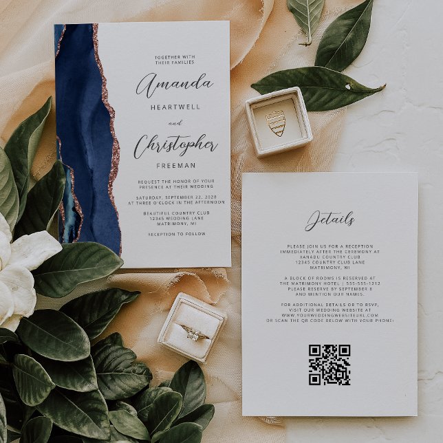 Navy Blue Rose Gold Agate QR Code Wedding Invitation (Creator Uploaded)