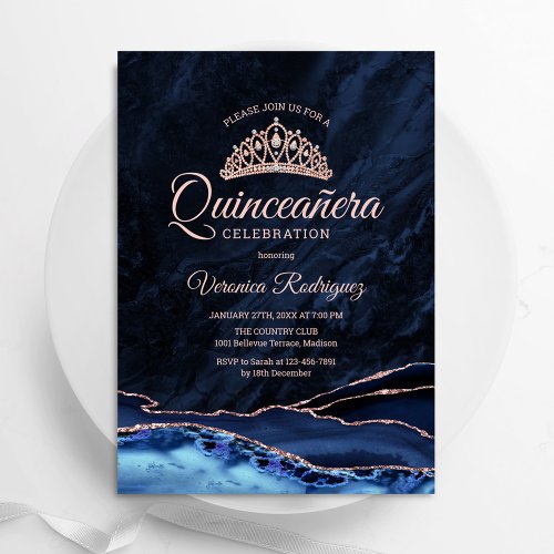Navy Blue Rose Gold Agate Quinceanera Invitation