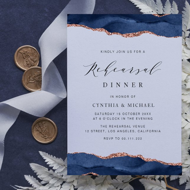 navy blue rose gold agate rehearsal dinner (Creator Uploaded)