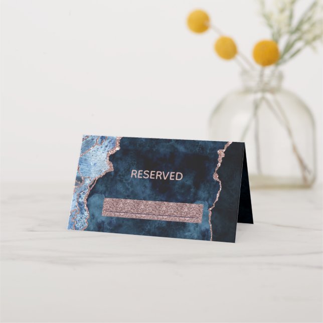 Navy Blue Rose Gold Agate Reserved Seating Wedding Place Card (Front)