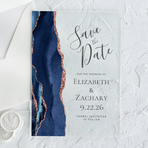 Navy Blue Rose Gold Agate Save the Date Acrylic Invitations