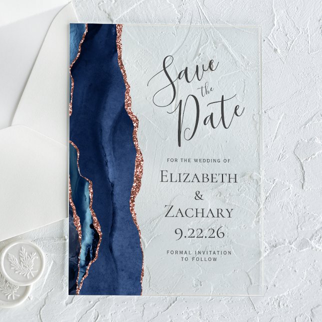 Navy Blue Rose Gold Agate Save the Date Acrylic Invitations (Creator Uploaded)