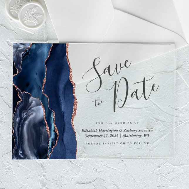 Navy Blue Rose Gold Agate Save the Date Card (Creator Uploaded)