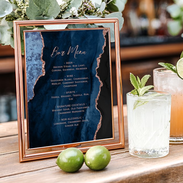 Navy Blue Rose Gold Agate Script Wedding Bar Menu  Poster (Creator Uploaded)