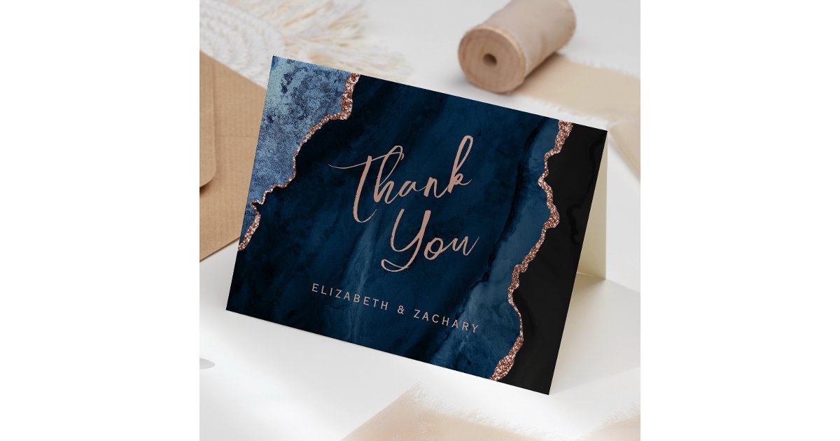 Navy Blue Rose Gold Agate Script Wedding Thank You Card | Zazzle