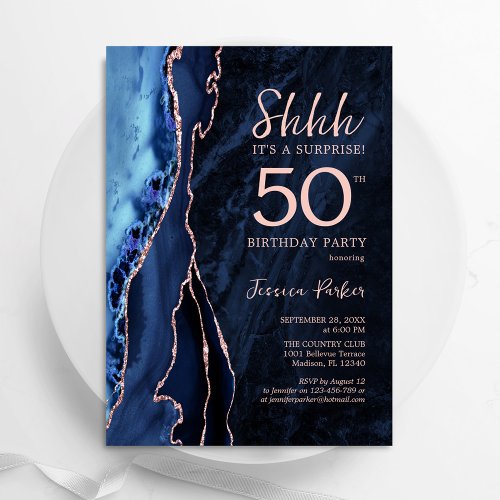 Navy Blue Rose Gold Agate Surprise 50th Birthday Invitation