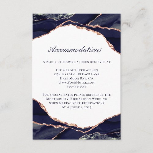 Navy Blue Rose Gold Agate Wedding Accommodations Enclosure Card