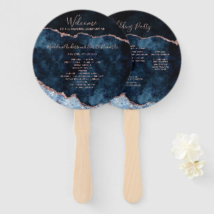 Navy Blue Rose Gold Agate Wedding Ceremony Program Hand Fan