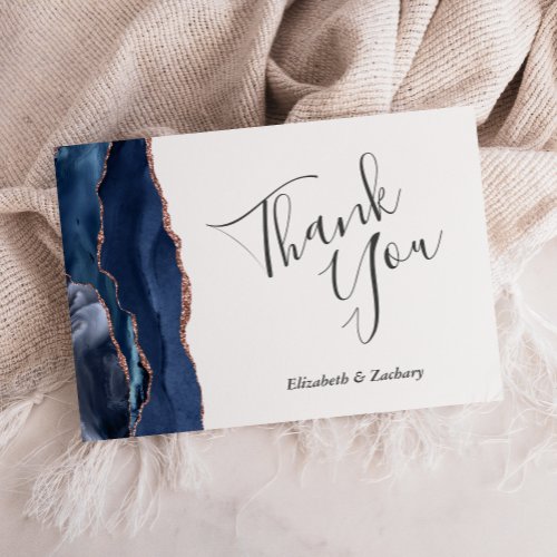 Navy Blue Rose Gold Agate Wedding Flat Thank You Card