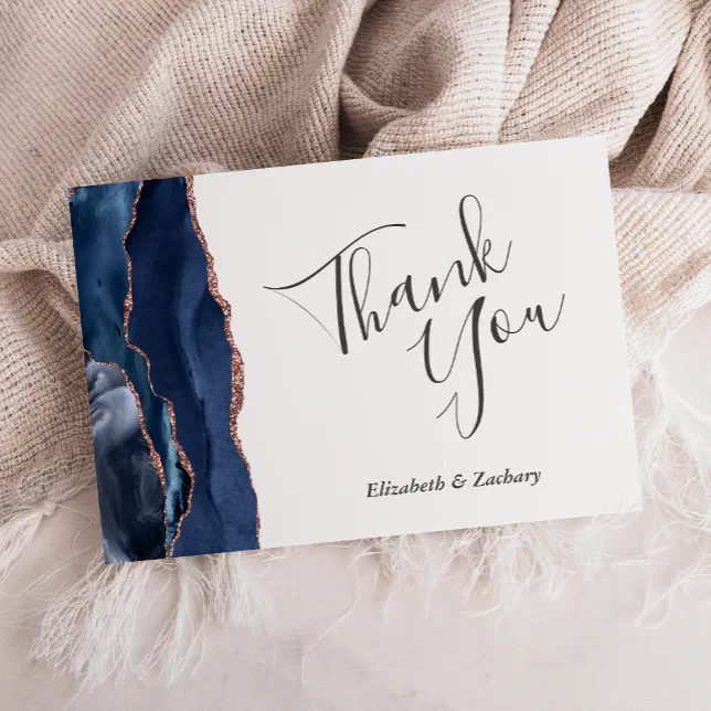 Navy Blue Rose Gold Agate Wedding Flat Thank You Card | Zazzle
