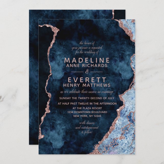 Navy Blue & Rose Gold Agate Wedding Invitations (Front/Back)