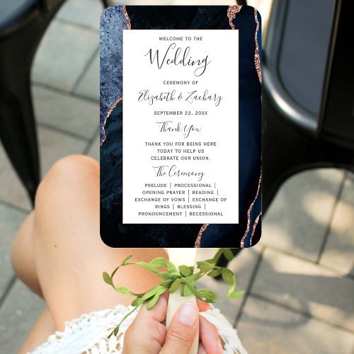 Navy Blue Rose Gold Agate Wedding Program Hand Fan