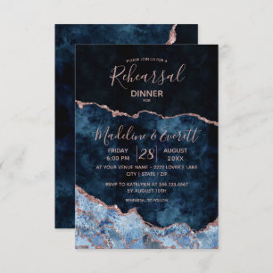 Navy Blue Rose Gold Agate Wedding Rehearsal Dinner Invitation