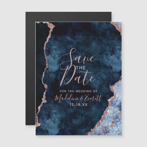 Navy Blue Rose Gold Agate Wedding Save the Date Magnetic Invitation