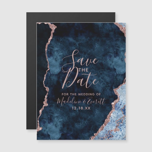 Navy Blue Rose Gold Agate Wedding Save the Date Magnetic Invitation (Front/Back)