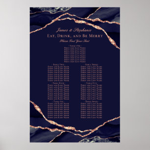 Navy Blue Rose Gold Agate Wedding Seating Chart