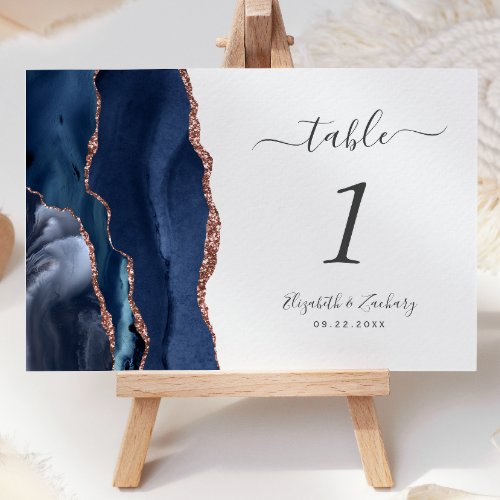 Navy Blue Rose Gold Agate Wedding Table Number