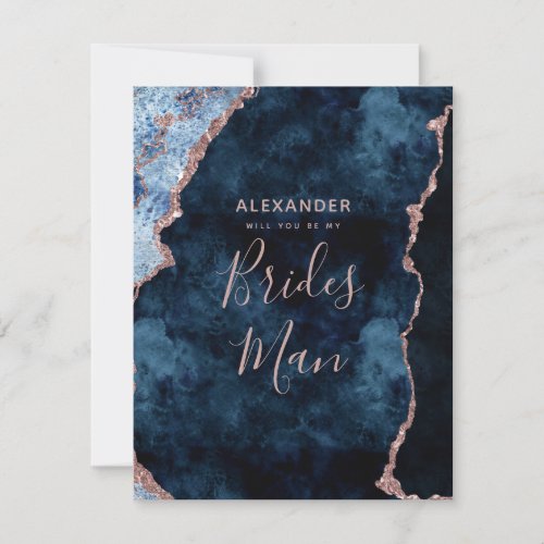 Navy Blue Rose Gold Agate Will You Be My Bridesman Invitation