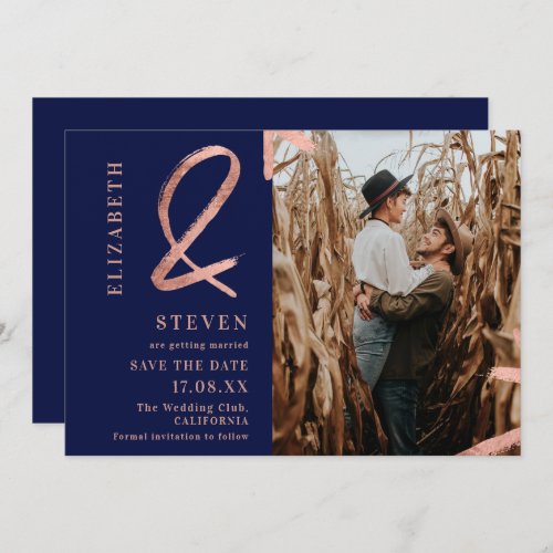 Navy blue rose gold ampersand photo save the date