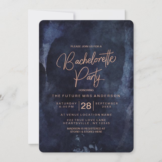 Navy Blue Rose Gold Bachelorette Party Invitation (Front)