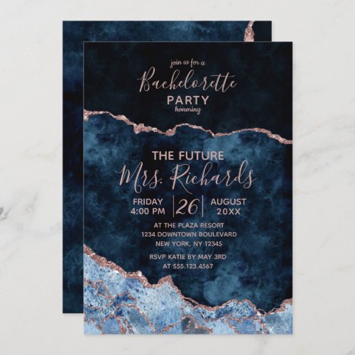 Navy Blue Rose Gold Bachelorette Party Invitation