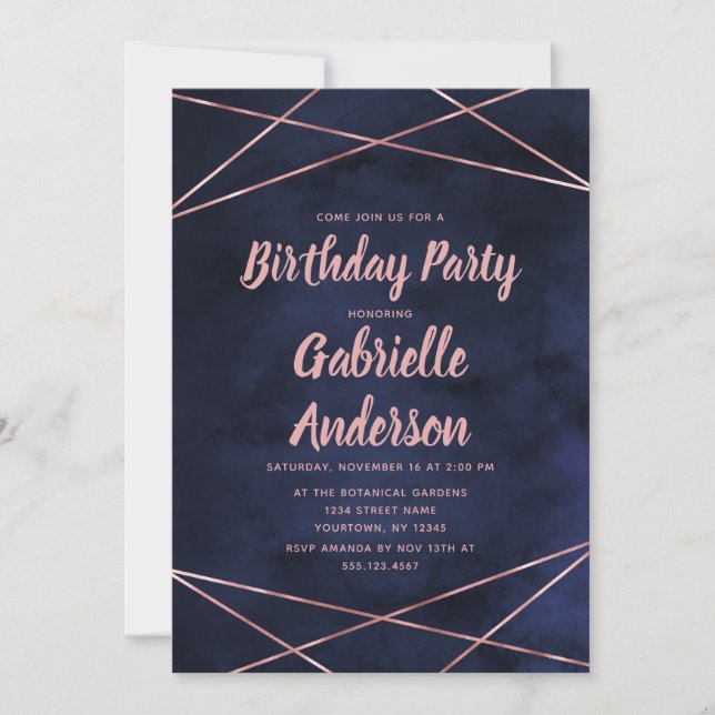Navy Blue & Rose Gold Birthday Party Invitation (Front)