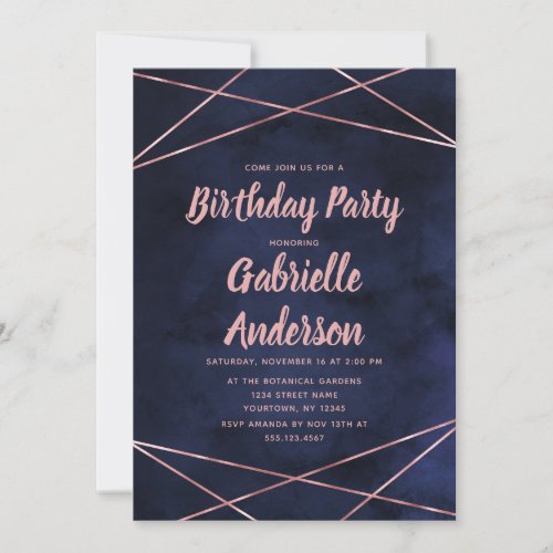 Navy Blue  Rose Gold Birthday Party Invitation
